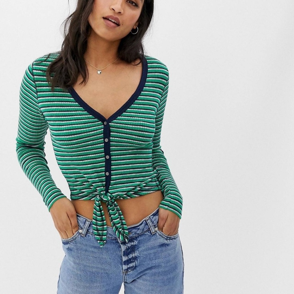 Abercrombie & Fitch Women’s Front Tie V-Neck Striped Navy Green White Top Small
